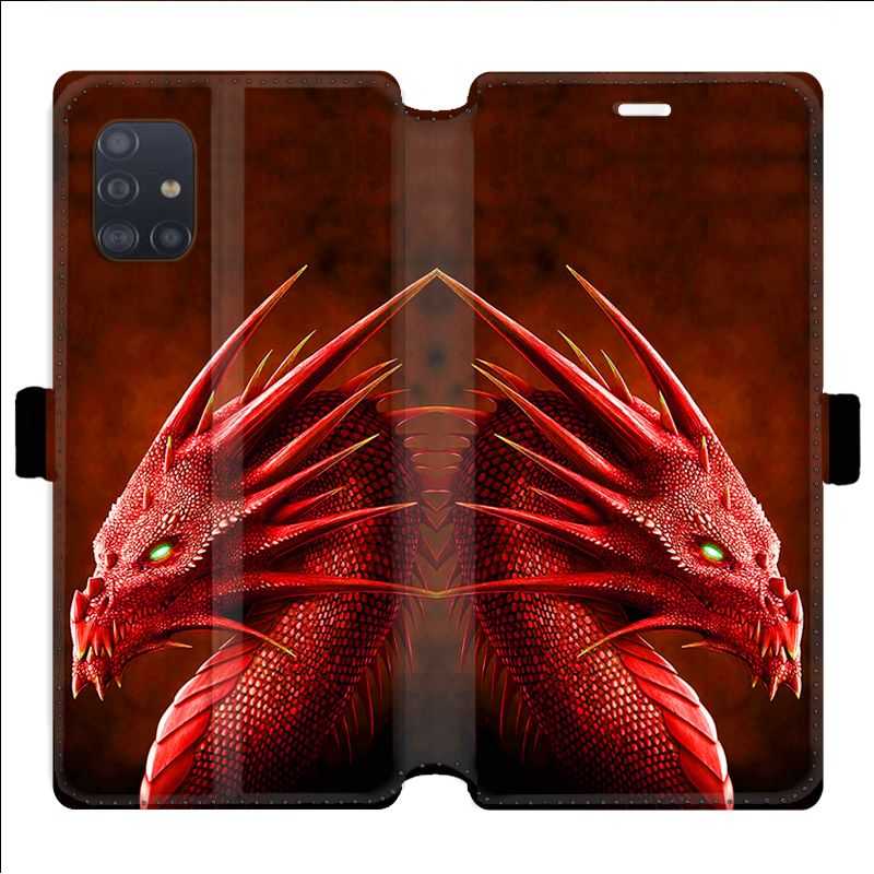 Housse cuir portefeuille pour Samsung Galaxy A51 Dragon Rouge