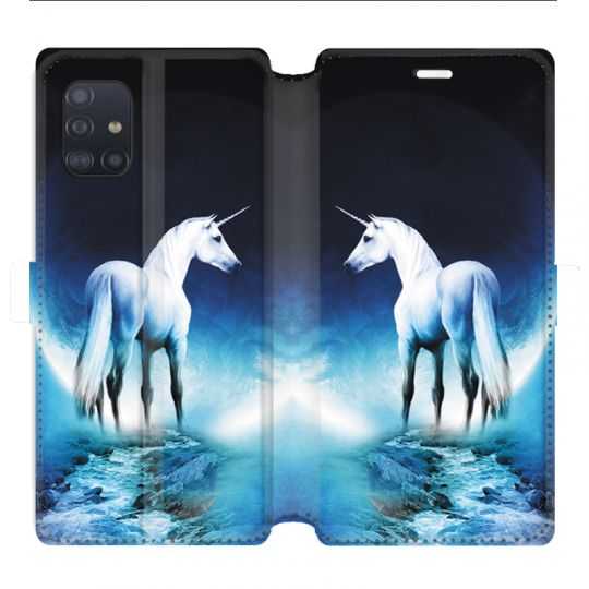 Housse cuir portefeuille pour Samsung Galaxy A51 Licorne Lune