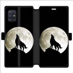 Housse cuir portefeuille pour Samsung Galaxy A51 Loup Noir