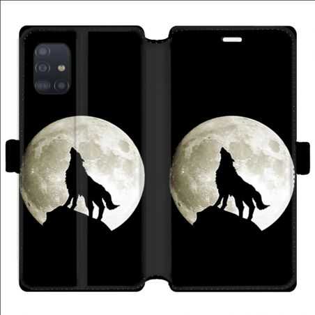 Housse cuir portefeuille pour Samsung Galaxy A51 Loup Noir