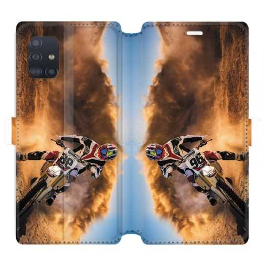 Housse cuir portefeuille pour Samsung Galaxy A51 Moto Cross Blanc