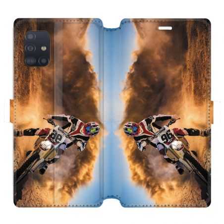 Housse cuir portefeuille pour Samsung Galaxy A51 Moto Cross Blanc