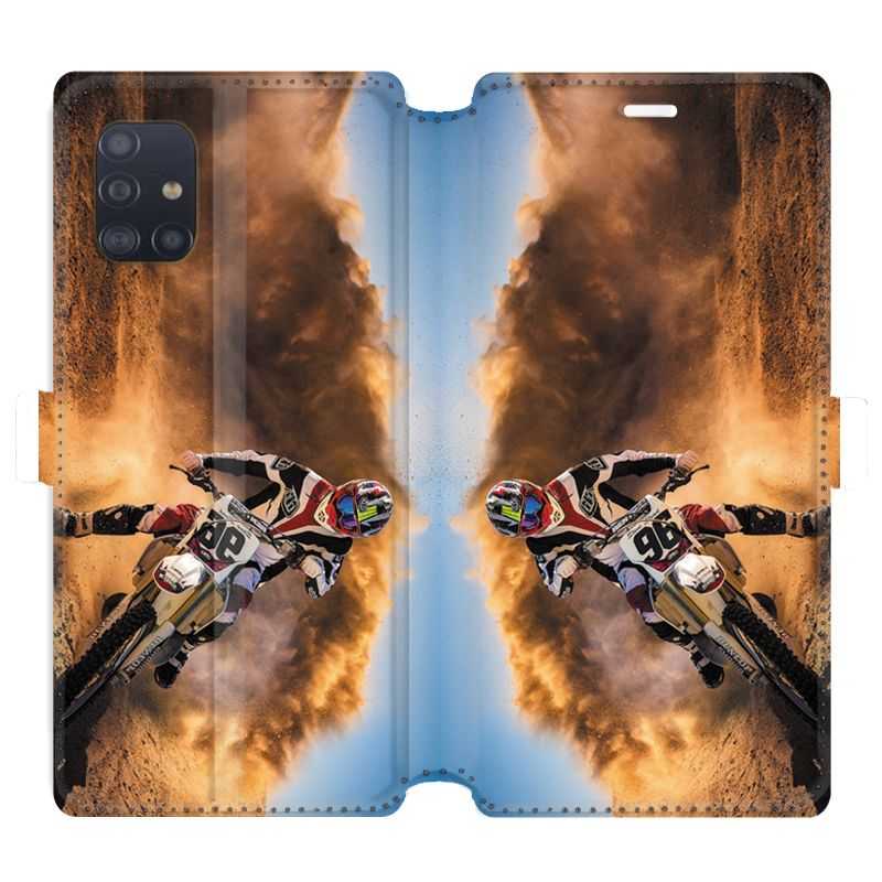 Housse cuir portefeuille pour Samsung Galaxy A51 Moto Cross Blanc