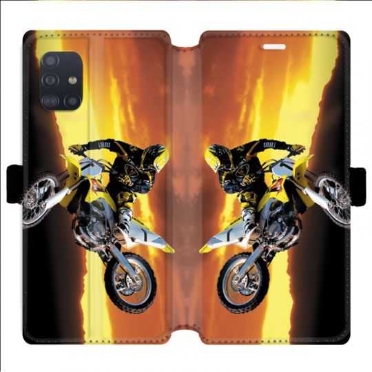 Housse cuir portefeuille pour Samsung Galaxy A51 Moto Cross Noir