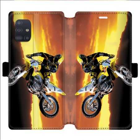 Housse cuir portefeuille pour Samsung Galaxy A51 Moto Cross Noir