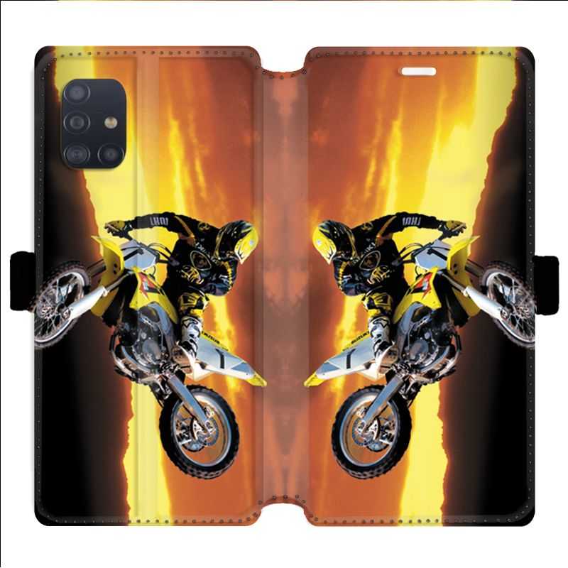 Housse cuir portefeuille pour Samsung Galaxy A51 Moto Cross Noir
