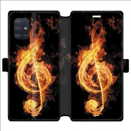 Housse cuir portefeuille pour Samsung Galaxy A51 Musique clé sol feu N