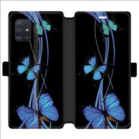 Housse cuir portefeuille pour Samsung Galaxy A51 papillons bleu