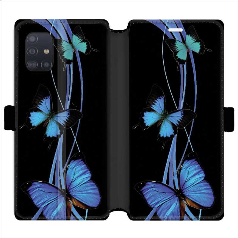Housse cuir portefeuille pour Samsung Galaxy A51 papillons bleu