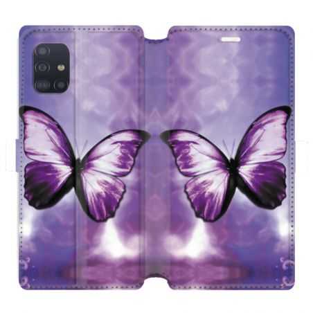 Housse cuir portefeuille pour Samsung Galaxy A51 papillons violet et blanc
