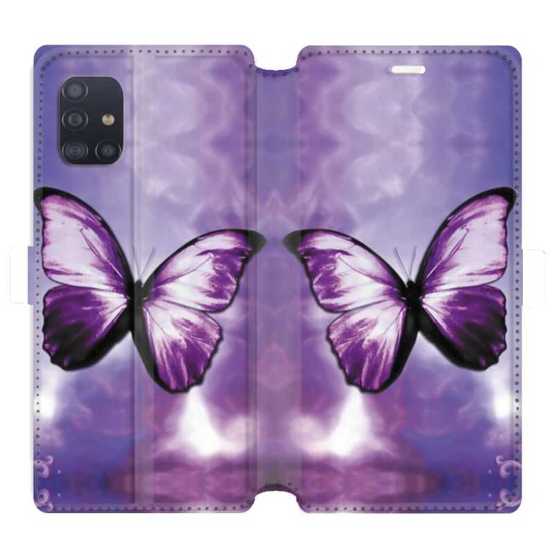 Housse cuir portefeuille pour Samsung Galaxy A51 papillons violet et blanc