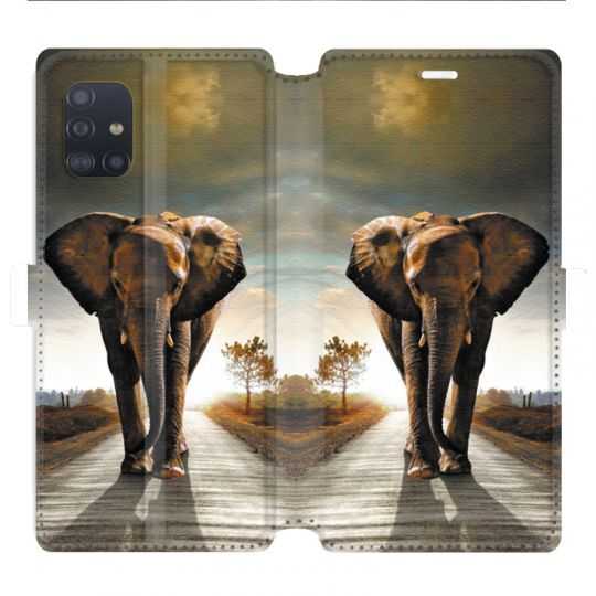 Housse cuir portefeuille pour Samsung Galaxy A51 savane Elephant route