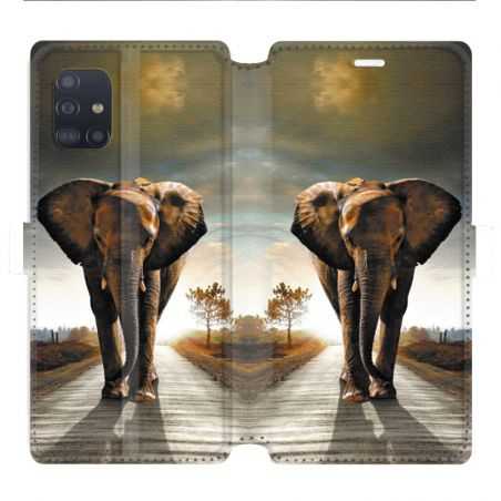 Housse cuir portefeuille pour Samsung Galaxy A51 savane Elephant route