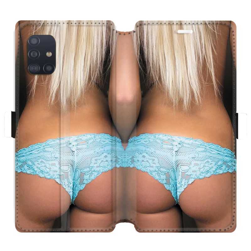 Housse cuir portefeuille pour Samsung Galaxy A51 Sexy tanga bleu