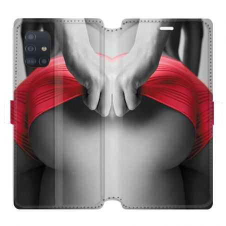 Housse cuir portefeuille pour Samsung Galaxy A51 Sexy tanga rouge