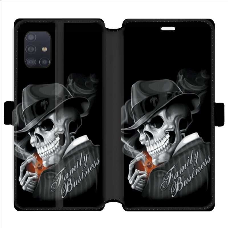 Housse cuir portefeuille pour Samsung Galaxy A51 tete de mort family business