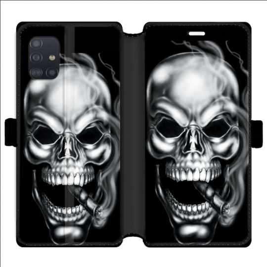 Housse cuir portefeuille pour Samsung Galaxy A51 tete de mort Fume