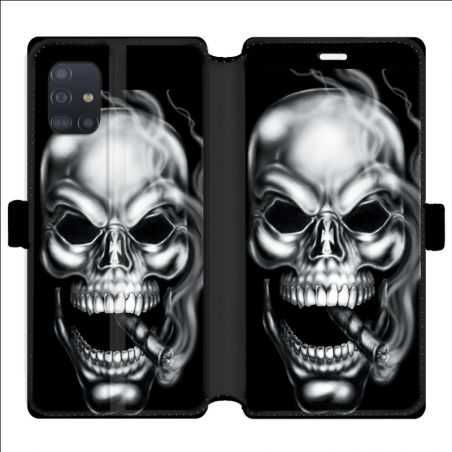 Housse cuir portefeuille pour Samsung Galaxy A51 tete de mort Fume