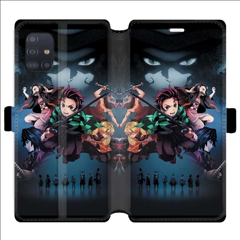 Housse cuir portefeuille pour Samsung Galaxy A51 Manga demon Slayer Noir