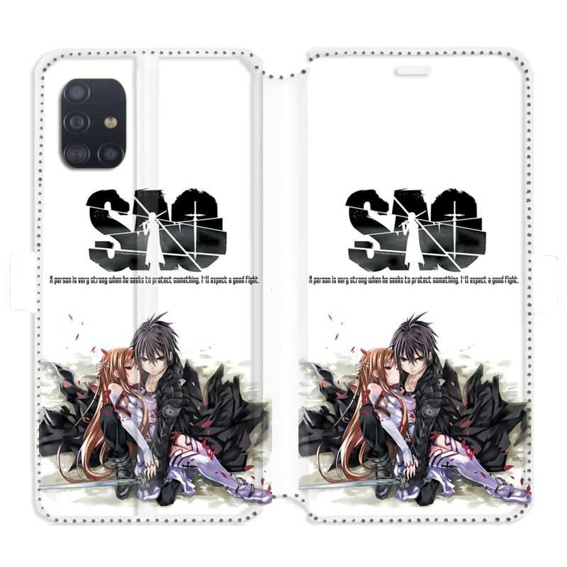 Housse cuir portefeuille pour Samsung Galaxy A51 Manga SAO sword Art Online blanc
