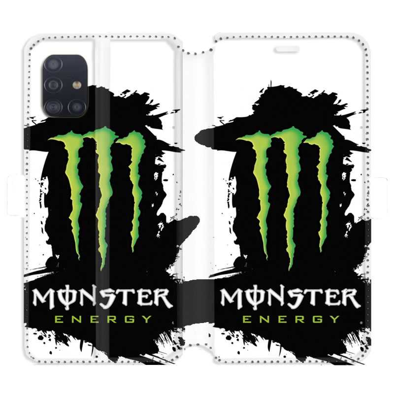 Housse cuir portefeuille pour Samsung Galaxy A51 Monster Energy tache