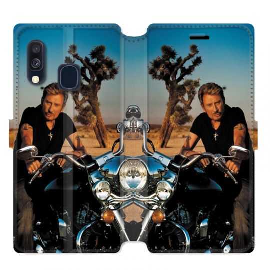 Housse cuir portefeuille pour Samsung Galaxy A40 Johnny Hallyday Moto