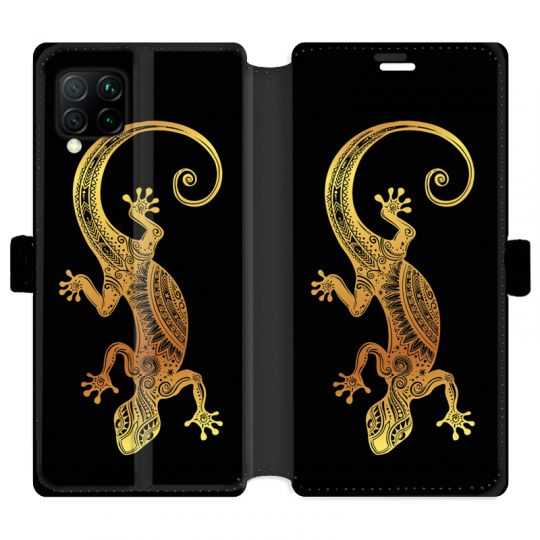 Housse cuir portefeuille pour Huawei P40 Lite Animaux Maori lezard noir
