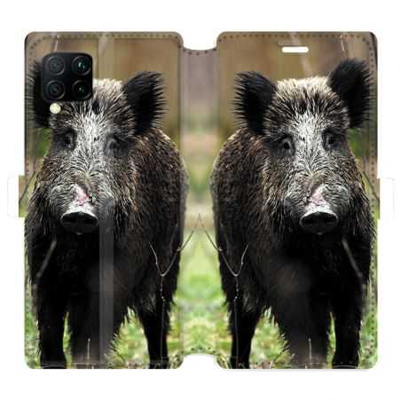 Housse cuir portefeuille pour Huawei P40 Lite chasse sanglier bois