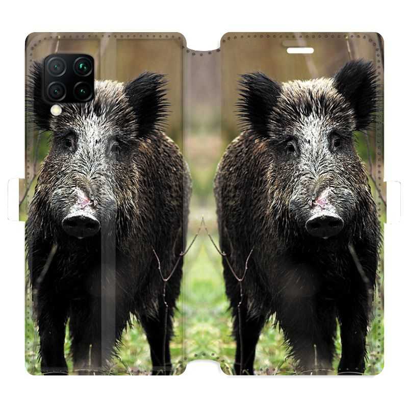 Housse cuir portefeuille pour Huawei P40 Lite chasse sanglier bois