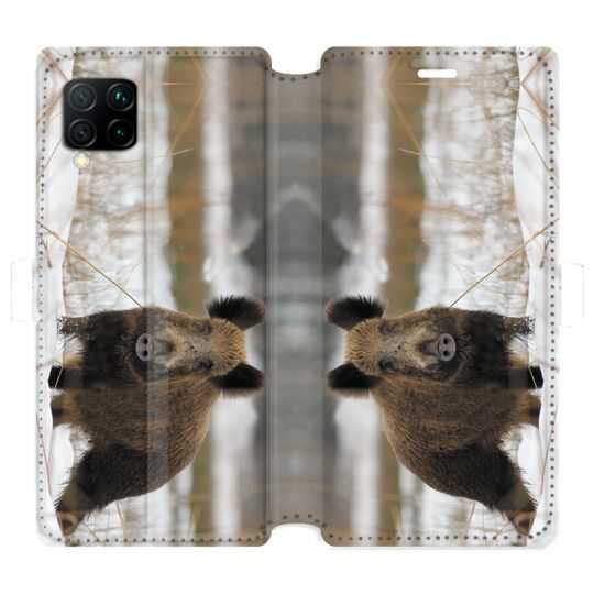 Housse cuir portefeuille pour Huawei P40 Lite chasse sanglier Neige