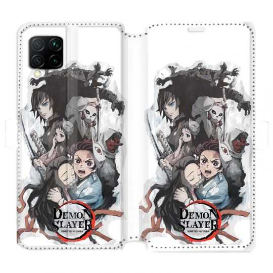 Housse cuir portefeuille pour Huawei P40 Lite Manga demon Slayer Blanc