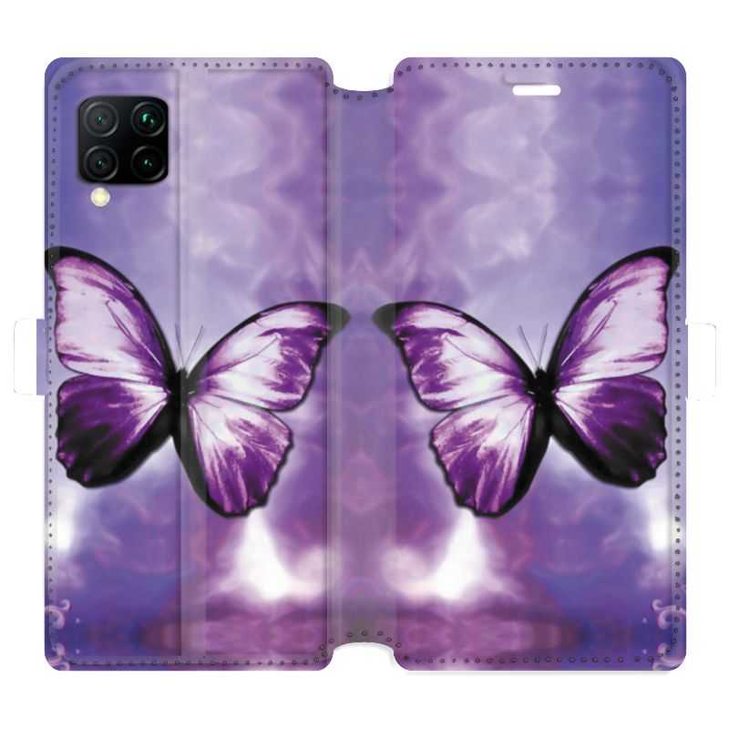 Housse cuir portefeuille pour Huawei P40 Lite papillons violet et blanc