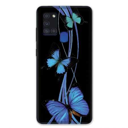 Coque pour Samsung Galaxy A21S Papillon bleu sur Noir
