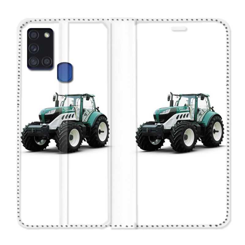 Housse cuir portefeuille pour Samsung Galaxy A21S Agriculture Tracteur Blanc