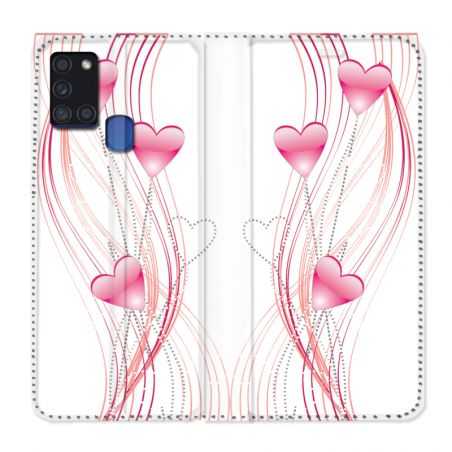 Housse cuir portefeuille pour Samsung Galaxy A21S COeur Rose Montant sur Blanc