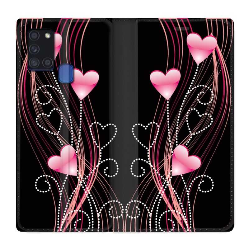 Housse cuir portefeuille pour Samsung Galaxy A21S COeur Rose Montant sur Noir