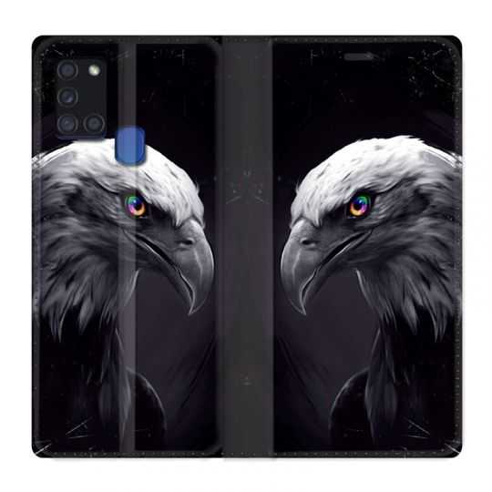Housse cuir portefeuille pour Samsung Galaxy A21S Aigle Royal Noir