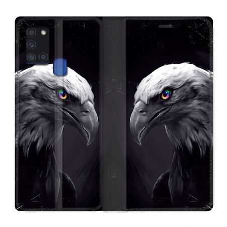 Housse cuir portefeuille pour Samsung Galaxy A21S Aigle Royal Noir