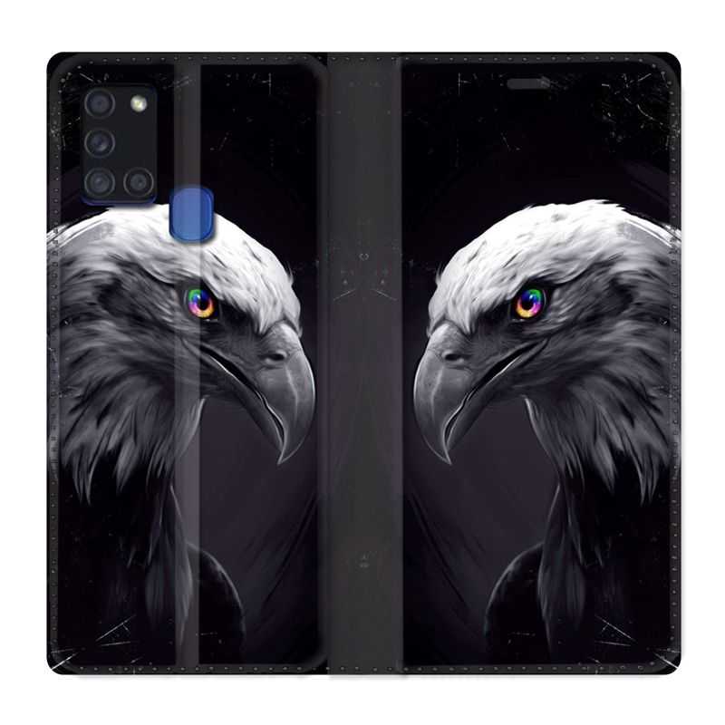 Housse cuir portefeuille pour Samsung Galaxy A21S Aigle Royal Noir