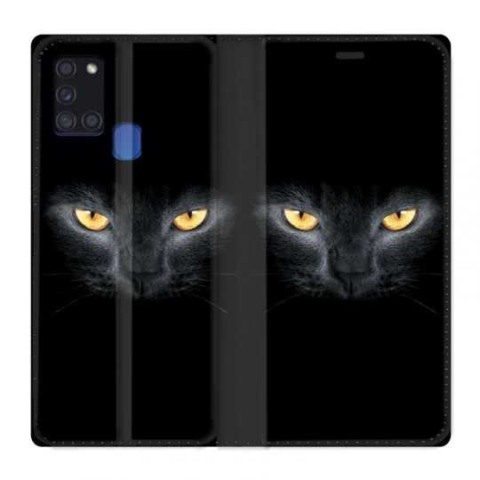 Housse cuir portefeuille pour Samsung Galaxy A21S Chat Noir