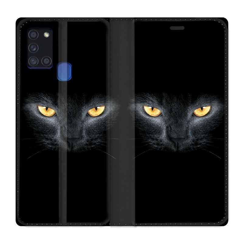 Housse cuir portefeuille pour Samsung Galaxy A21S Chat Noir