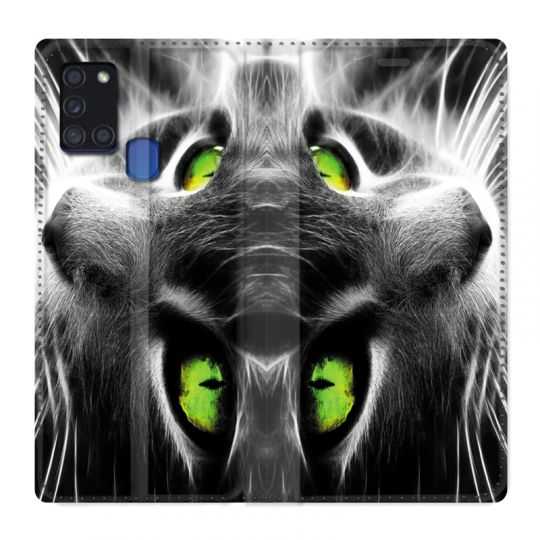 Housse cuir portefeuille pour Samsung Galaxy A21S Chat Vert