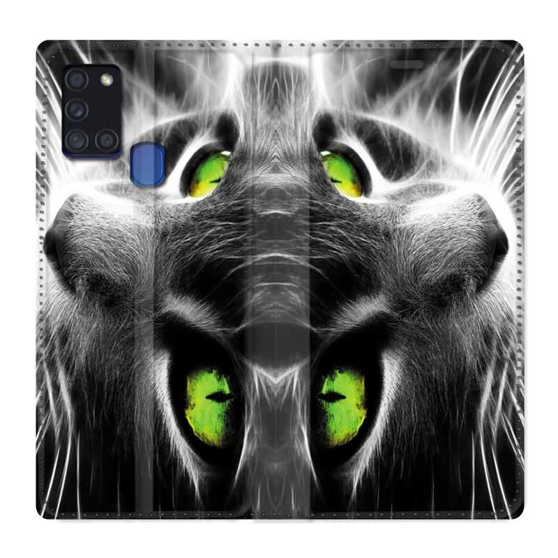 Housse cuir portefeuille pour Samsung Galaxy A21S Chat Vert