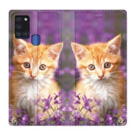 Housse cuir portefeuille pour Samsung Galaxy A21S Chat Violet