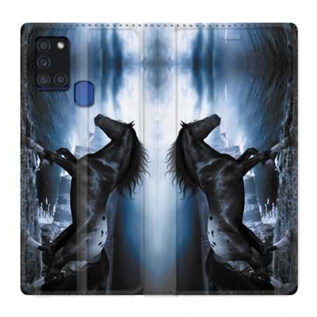 Housse cuir portefeuille pour Samsung Galaxy A21S Cheval Noir