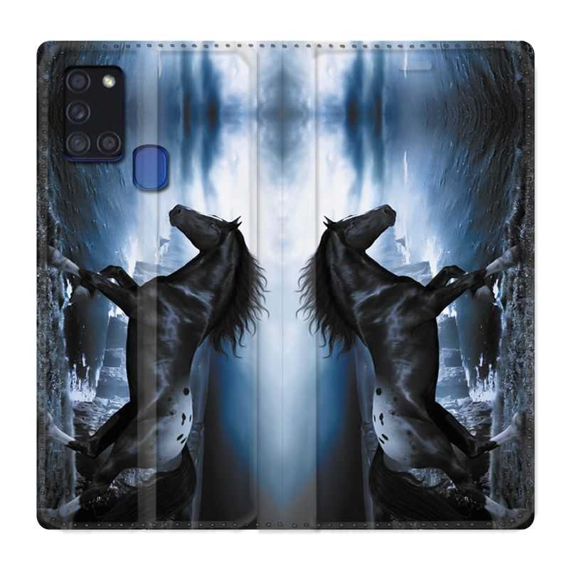 Housse cuir portefeuille pour Samsung Galaxy A21S Cheval Noir