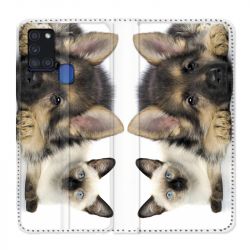 Housse cuir portefeuille pour Samsung Galaxy A21S Chien vs Chat