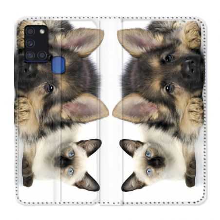 Housse cuir portefeuille pour Samsung Galaxy A21S Chien vs Chat