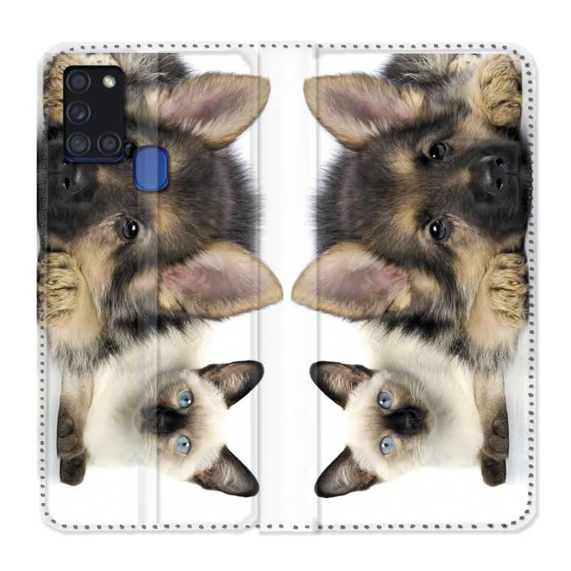 Housse cuir portefeuille pour Samsung Galaxy A21S Chien vs Chat