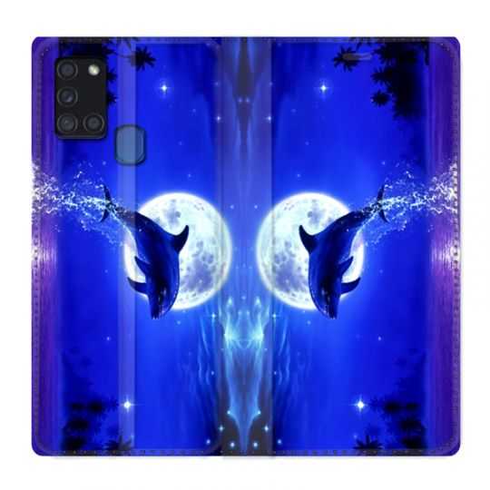 Housse cuir portefeuille pour Samsung Galaxy A21S Dauphin Lune